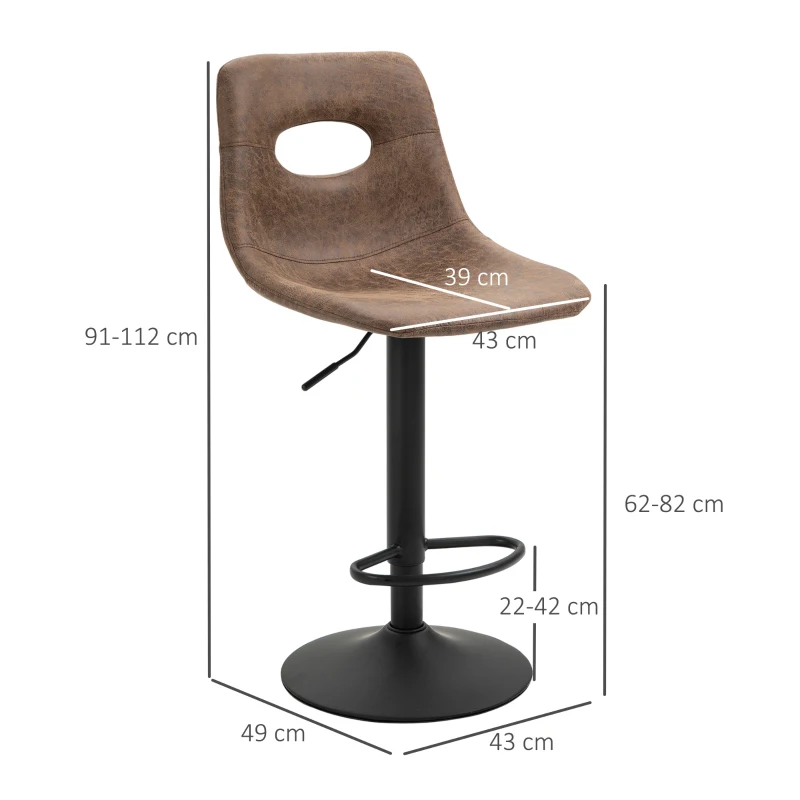 HOMCOM Bar Stools Set of 2, Adjustable Breakfast Dining Stools with Backrest, Footrest, Microfiber Cloth Kithchen Island Counter, Brown