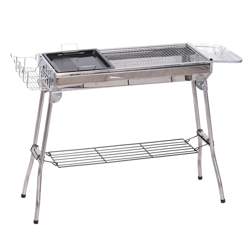 Outsunny Stainless Steel Portable Foldable Charcoal BBQ Barbecue Grill Outdoor Cooker with non-stick grill pan for Camp Party Picnic
