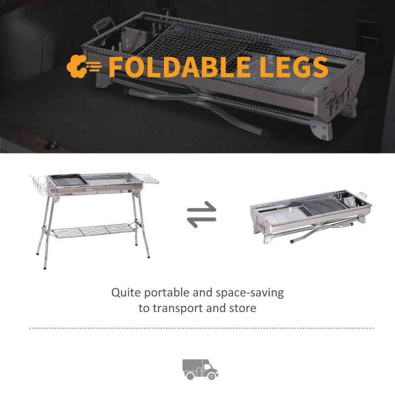 Outsunny Stainless Steel Portable Foldable Charcoal BBQ Barbecue Grill Outdoor Cooker with non-stick grill pan for Camp Party Picnic