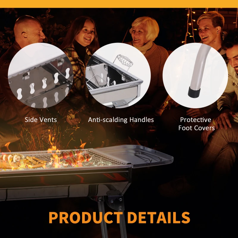 Outsunny Stainless Steel Portable Foldable Charcoal BBQ Barbecue Grill Outdoor Cooker with non-stick grill pan for Camp Party Picnic