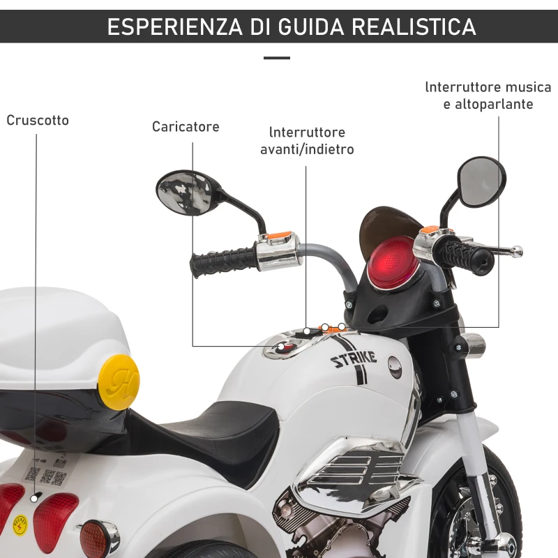 HOMCOM Moto Elettrica per Bambini 6V a 3 Ruote con Luci e Musica, Velocità 3km/h, Età 18-36 Mesi, 87x46x54cm, Bianco