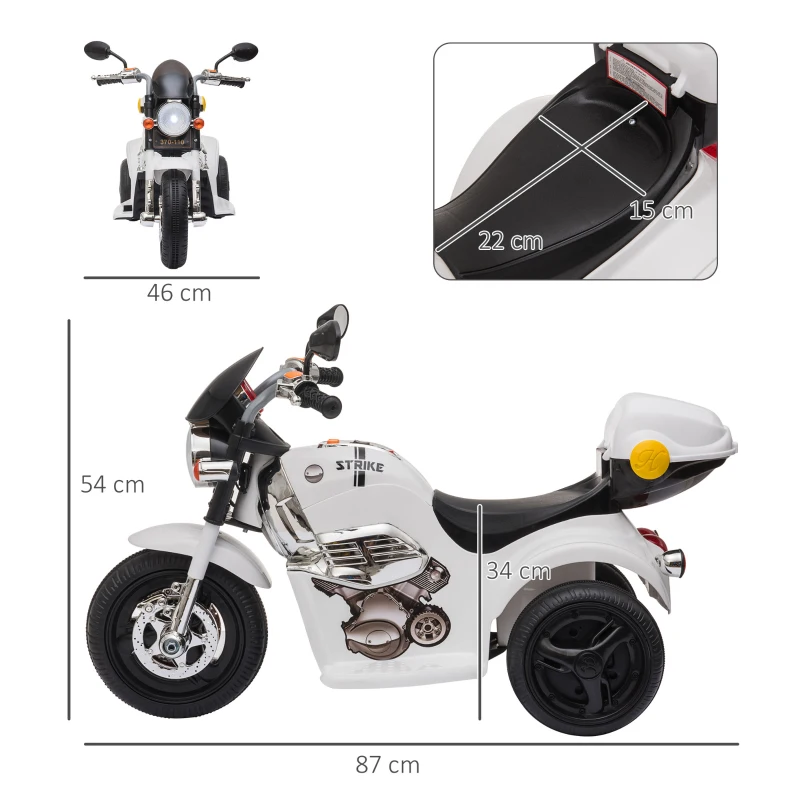 HOMCOM Moto Elettrica per Bambini 6V a 3 Ruote con Luci e Musica, Velocità 3km/h, Età 18-36 Mesi, 87x46x54cm, Bianco