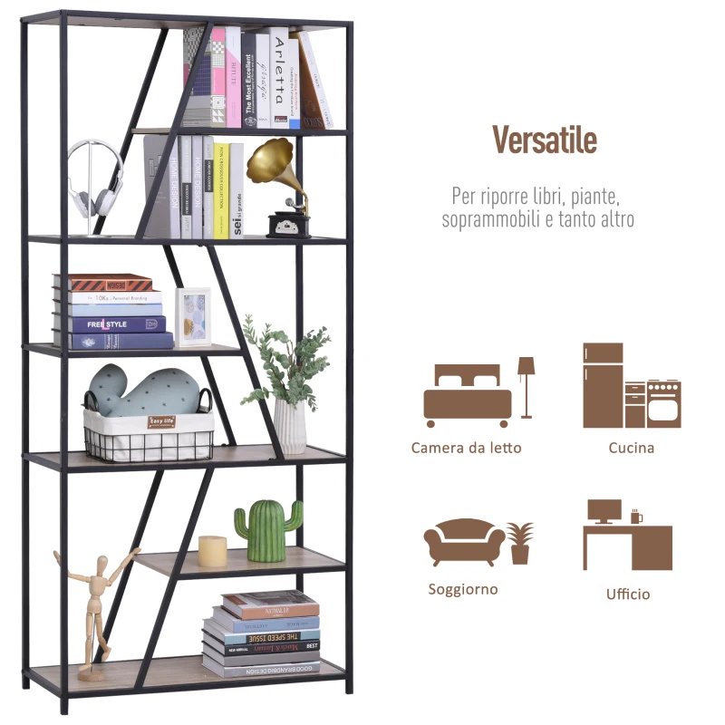 HOMCOM Scaffale Libreria da Parete in Stile Industriale con 9 Ripiani Asimmetrici in Legno e Metallo Nero 80x33x180cm