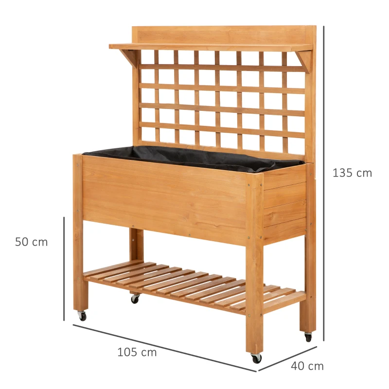 Outsunny 41.25"x15.75"x53.25" Wooden Planter Raised Elevated Garden Bed Planter Flower Herb Boxes for Vegetables Flower with Shelf and Wheels Solid Wood Outdoor/Indoor