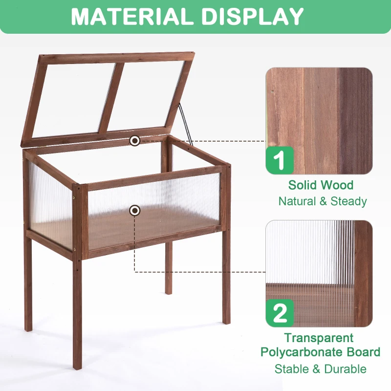 Outsunny 90x50x93cm Square Wooden Greenhouse for Plants Outdoor with Openable & Tilted Top Cover, Brown