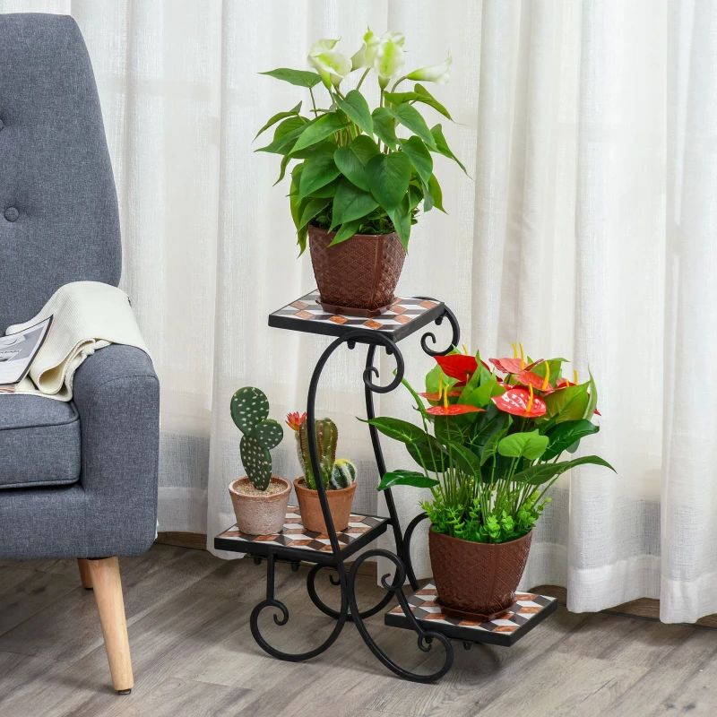 Outsunny 3-Tier Mosaic Flower Stand Plant Holder Display Rack Top Metal Base Indoor Outdoor for Patio Garden