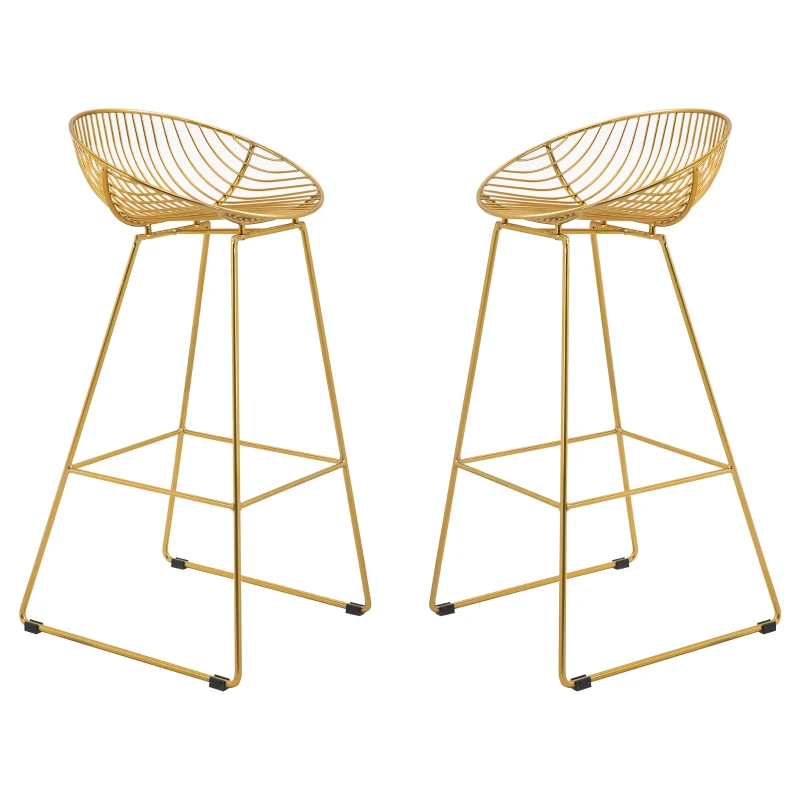 HOMCOM Set of 2 Bar Stools, Metal Wire Bar Chairs, Modern Iron High Stool for Kitchen, Pub Chair with Backrest, Footrest, Steel Frame, Gold