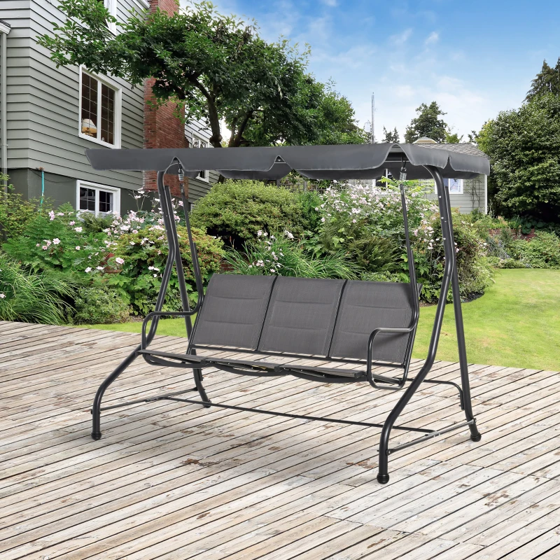 Outsunny 3-Seater Porch Swing Chair Outdoor Patio Bench for Deck with Adjustable Canopy, Padded Sling Fabric Seat
