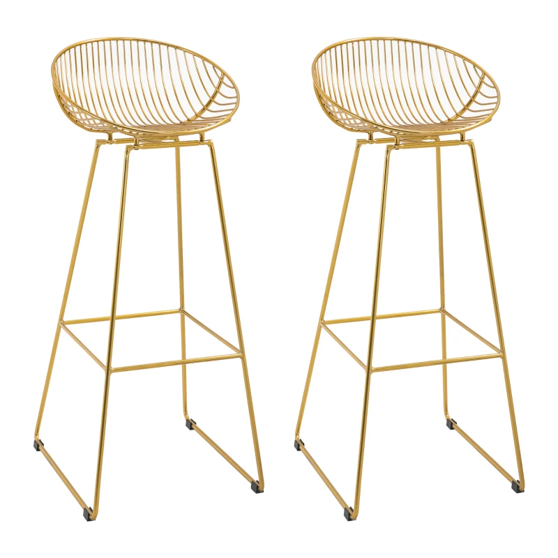HOMCOM Set of 2 Bar Stools, Metal Wire Bar Chairs, Modern Iron High Stool for Kitchen, Pub Chair with Backrest, Footrest, Steel Frame, Gold