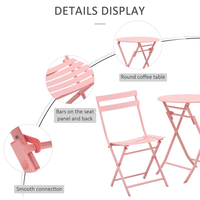 Outsunny 3 Pieces Patio Bistro Conversation Coffee Set Foldable Garden Table & Chair for Outdoor Yard Porch Poolside Balcony Pink