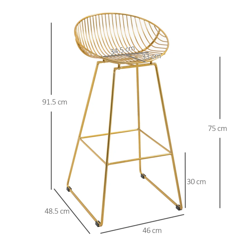 HOMCOM Set of 2 Bar Stools, Metal Wire Bar Chairs, Modern Iron High Stool for Kitchen, Pub Chair with Backrest, Footrest, Steel Frame, Gold