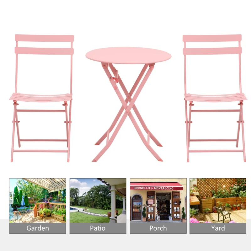 Outsunny 3 Pieces Patio Bistro Conversation Coffee Set Foldable Garden Table & Chair for Outdoor Yard Porch Poolside Balcony Pink