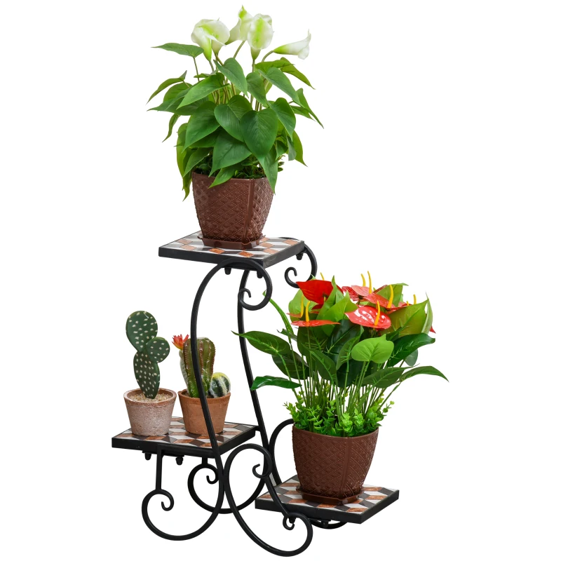 Outsunny 3-Tier Mosaic Flower Stand Plant Holder Display Rack Top Metal Base Indoor Outdoor for Patio Garden
