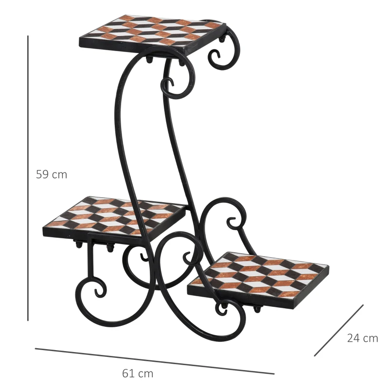 Outsunny 3-Tier Mosaic Flower Stand Plant Holder Display Rack Top Metal Base Indoor Outdoor for Patio Garden