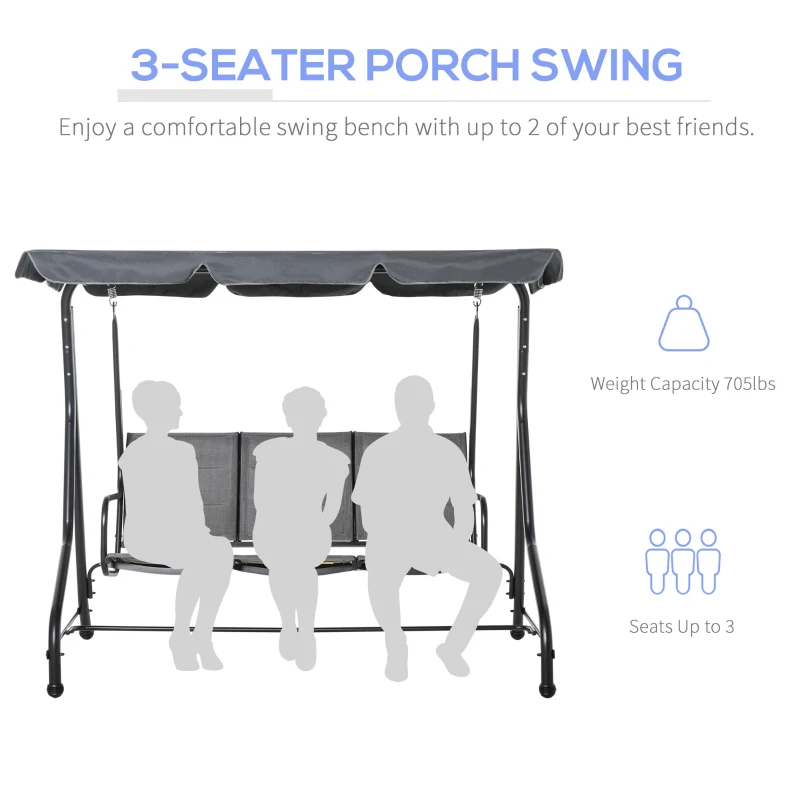 Outsunny 3-Seater Porch Swing Chair Outdoor Patio Bench for Deck with Adjustable Canopy, Padded Sling Fabric Seat