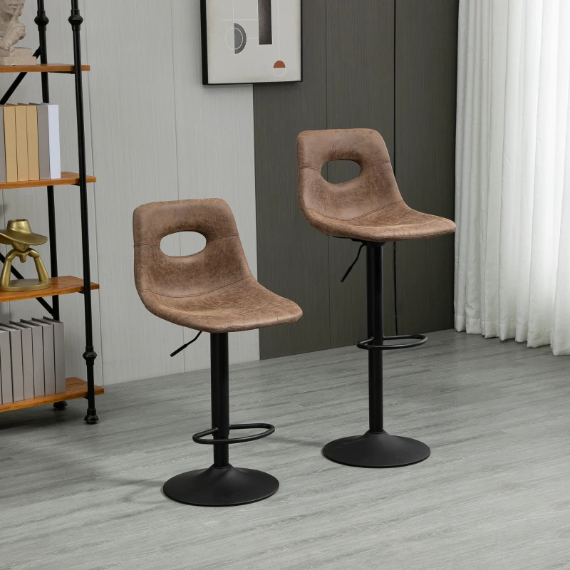 HOMCOM Bar Stools Set of 2, Adjustable Breakfast Dining Stools with Backrest, Footrest, Microfiber Cloth Kithchen Island Counter, Brown