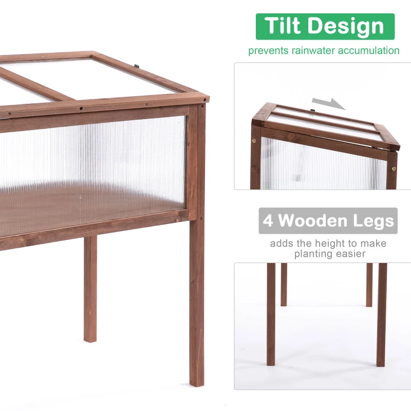 Outsunny 90x50x93cm Square Wooden Greenhouse for Plants Outdoor with Openable & Tilted Top Cover, Brown