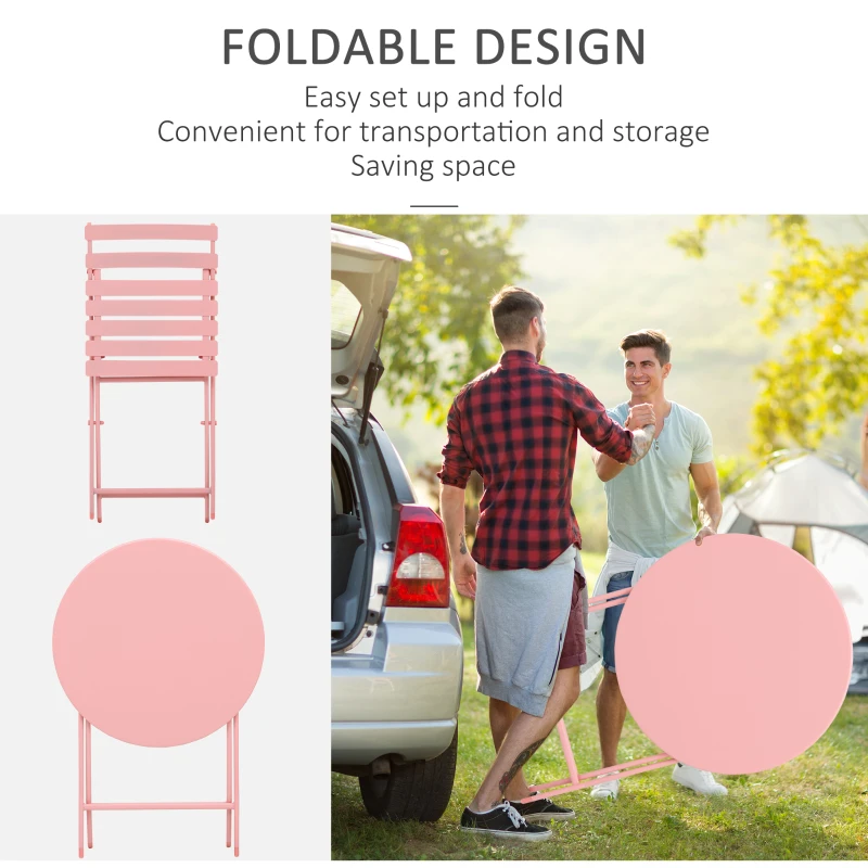 Outsunny 3 Pieces Patio Bistro Conversation Coffee Set Foldable Garden Table & Chair for Outdoor Yard Porch Poolside Balcony Pink