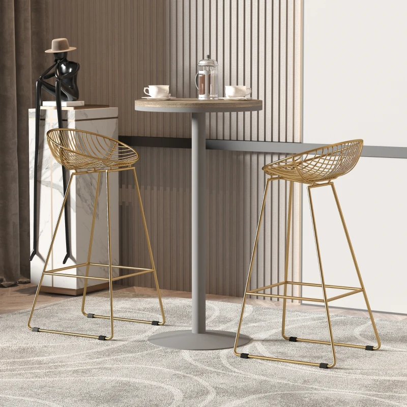 HOMCOM Set of 2 Bar Stools, Metal Wire Bar Chairs, Modern Iron High Stool for Kitchen, Pub Chair with Backrest, Footrest, Steel Frame, Gold