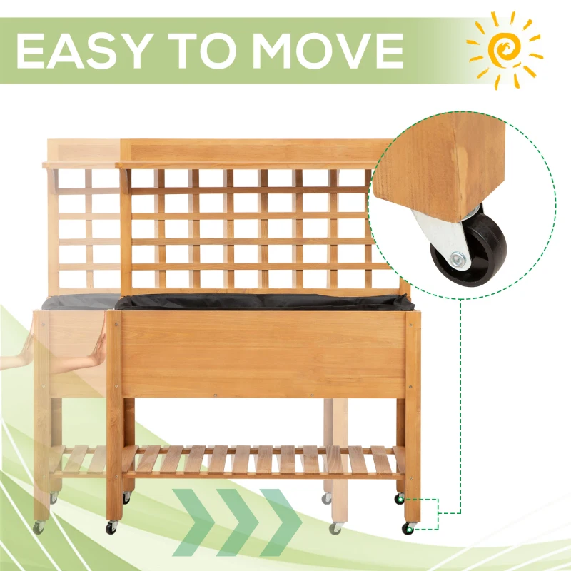 Outsunny 41.25"x15.75"x53.25" Wooden Planter Raised Elevated Garden Bed Planter Flower Herb Boxes for Vegetables Flower with Shelf and Wheels Solid Wood Outdoor/Indoor