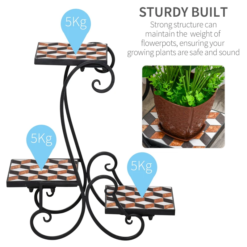 Outsunny 3-Tier Mosaic Flower Stand Plant Holder Display Rack Top Metal Base Indoor Outdoor for Patio Garden