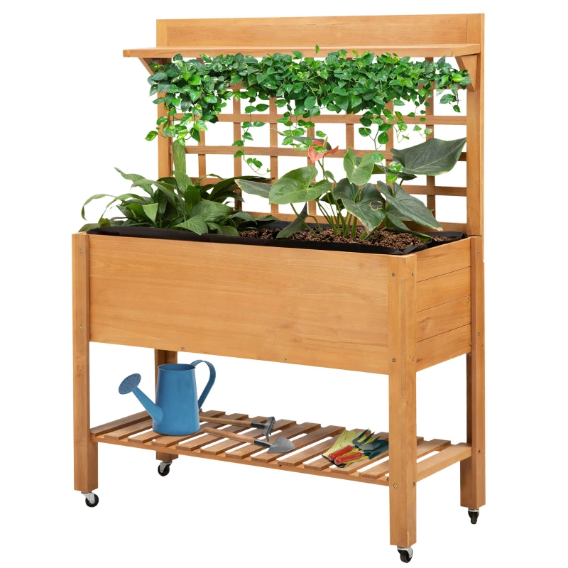 Outsunny 41.25"x15.75"x53.25" Wooden Planter Raised Elevated Garden Bed Planter Flower Herb Boxes for Vegetables Flower with Shelf and Wheels Solid Wood Outdoor/Indoor