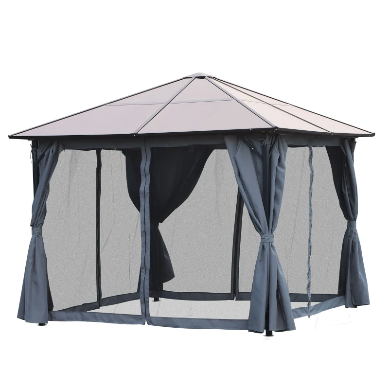 Outsunny Tonnelle de jardin avec toit rigide polycarbonate et rideaux moustiquaires 3 x 3 m gris foncé et noir