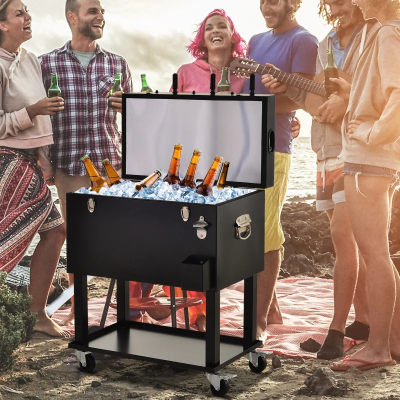 Outsunny 65L Patio Cooler Ice Chest with Foosball Table Top, Portable Poolside Party Bar Cold Drink Rolling Cart on Wheels with Tray Shelf