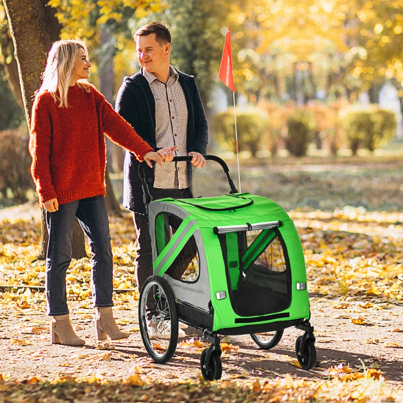 PawHut 2-In-1 Dog Bike Trailer Pet Stroller Pushchair with Universal Wheel Reflector Flag Green