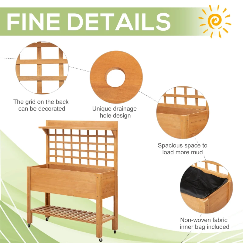 Outsunny 41.25"x15.75"x53.25" Wooden Planter Raised Elevated Garden Bed Planter Flower Herb Boxes for Vegetables Flower with Shelf and Wheels Solid Wood Outdoor/Indoor