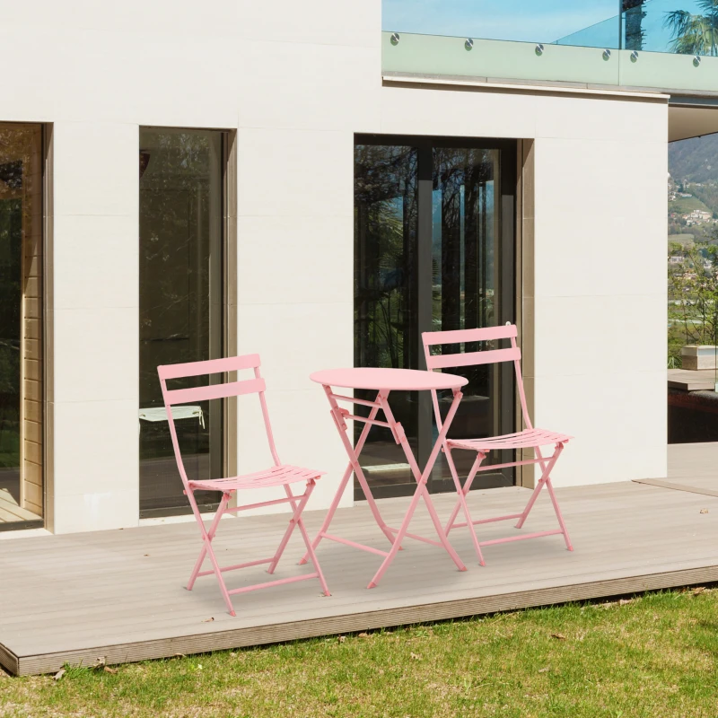 Outsunny 3 Pieces Patio Bistro Conversation Coffee Set Foldable Garden Table & Chair for Outdoor Yard Porch Poolside Balcony Pink