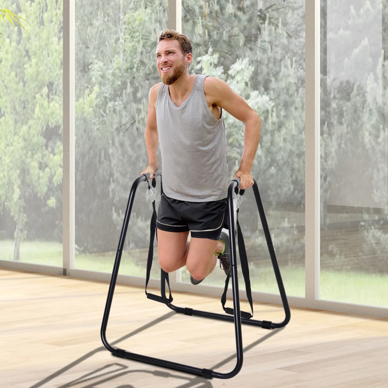 HOMCOM® Dipstation met slingtrainer dipstandaard parallel staven slingtrainer, staal, zwart, 90 x 81 x 92.5 cm