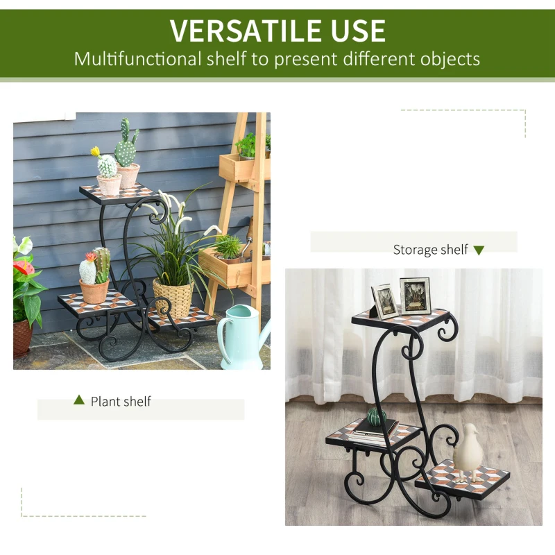 Outsunny 3-Tier Mosaic Flower Stand Plant Holder Display Rack Top Metal Base Indoor Outdoor for Patio Garden
