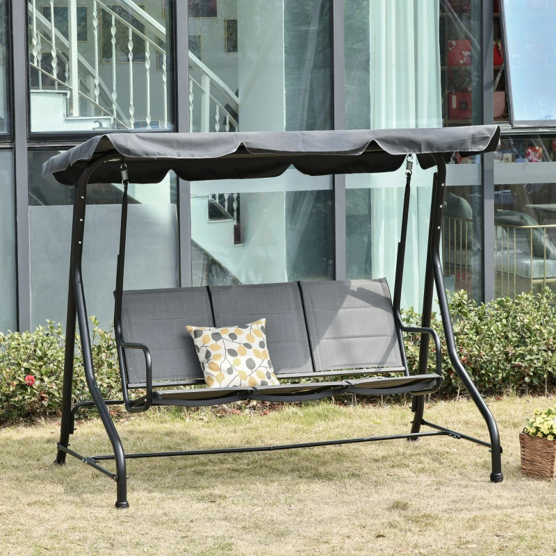 Outsunny 3-Seater Porch Swing Chair Outdoor Patio Bench for Deck with Adjustable Canopy, Padded Sling Fabric Seat