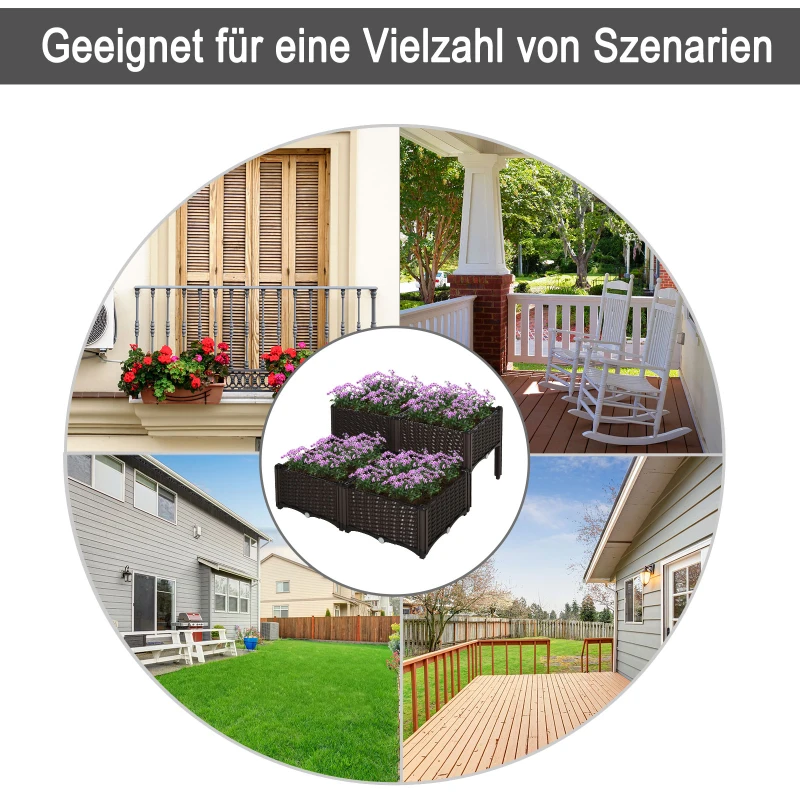 Outsunny podwyższona grządka 4-częściowa skrzynia na rośliny z otworami odpływowymi, skrzynki na kwiaty o wyglądzie rattanu, PP, brązowy