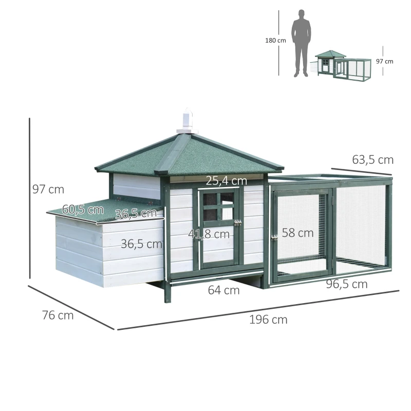 PawHut cotet de gaini, lemn 196x76x97cm, alb/verde(m-3)