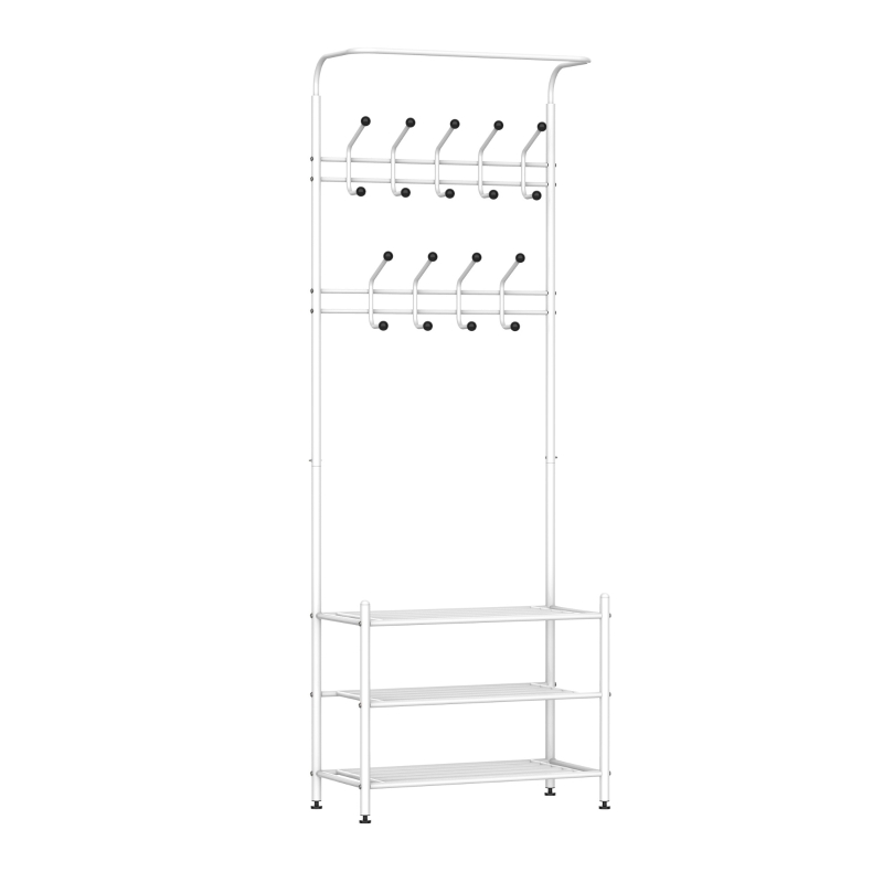 HOMCOM Móvel Cabide de Entrada com 18 Ganchos e Sapateira Armário de Entrada com Cabide com 3 Prateleiras 67x30x185cm Branco