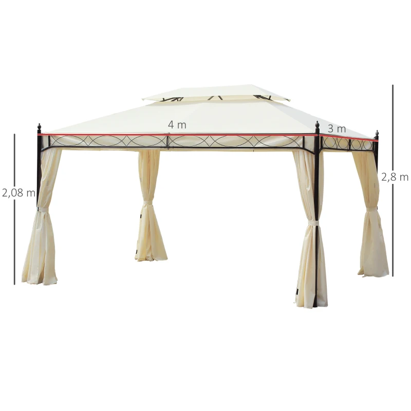 Outsunny Pérgola de Jardim 4x3m Pérgola com Teto Duplo Respirável com 4 Cortinas Laterais Removíveis Estrutura de Aço para Festas Casamentos Eventos Creme