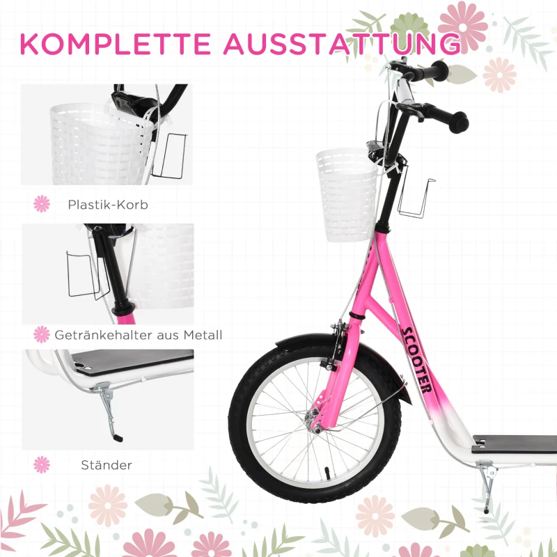 HOMCOM Kinderstep met Rem, Incl. Mand, Hoogteverstelbaar, voor Kinderen van 5 tot 12 Jaar, Wit + Roze(m-6)