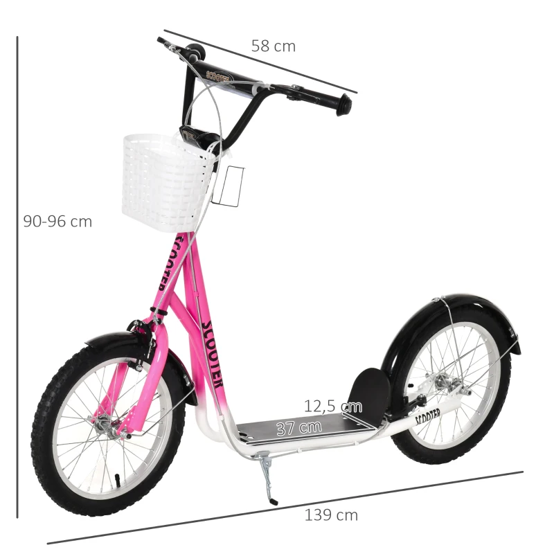 HOMCOM Kinderstep met Rem, Incl. Mand, Hoogteverstelbaar, voor Kinderen van 5 tot 12 Jaar, Wit + Roze(m-3)