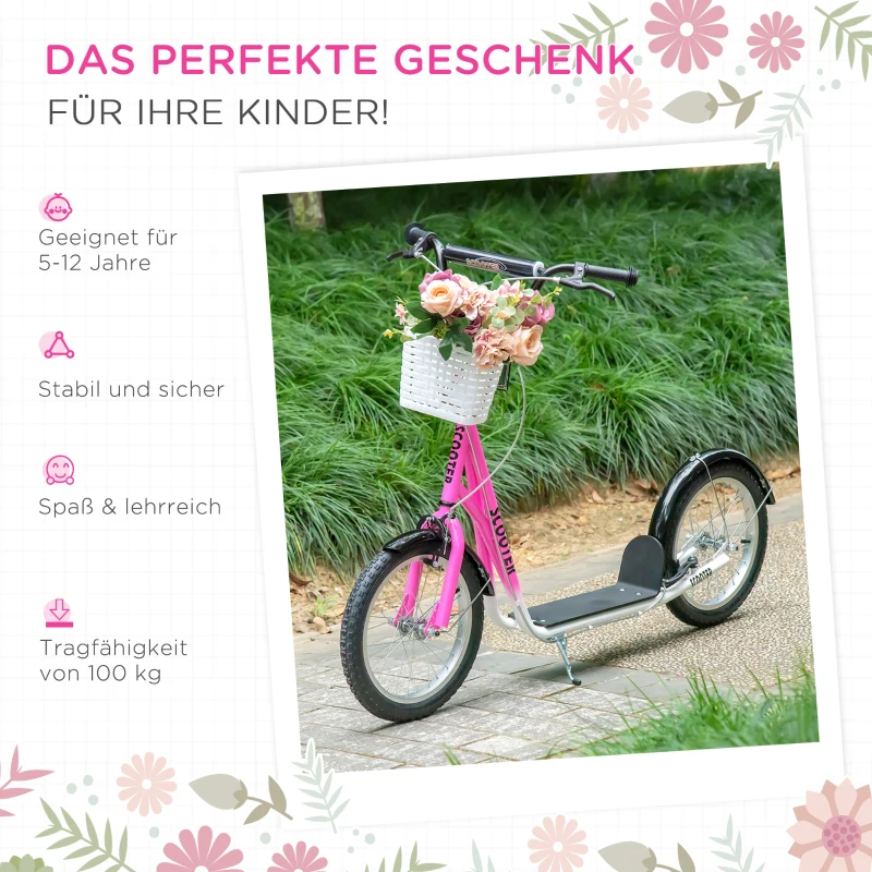 HOMCOM Kinderstep met Rem, Incl. Mand, Hoogteverstelbaar, voor Kinderen van 5 tot 12 Jaar, Wit + Roze(m-5)