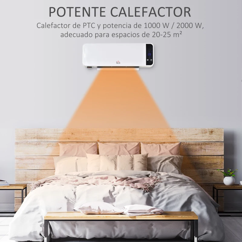 HOMCOM Calefactor Baño de Pared 1000/2000W con Mando a Distancia Pantalla LED Termostato Temporizador y Protección contra Sobrecalentamiento para 25 m² 56x18,5x11,5 cm Blanco