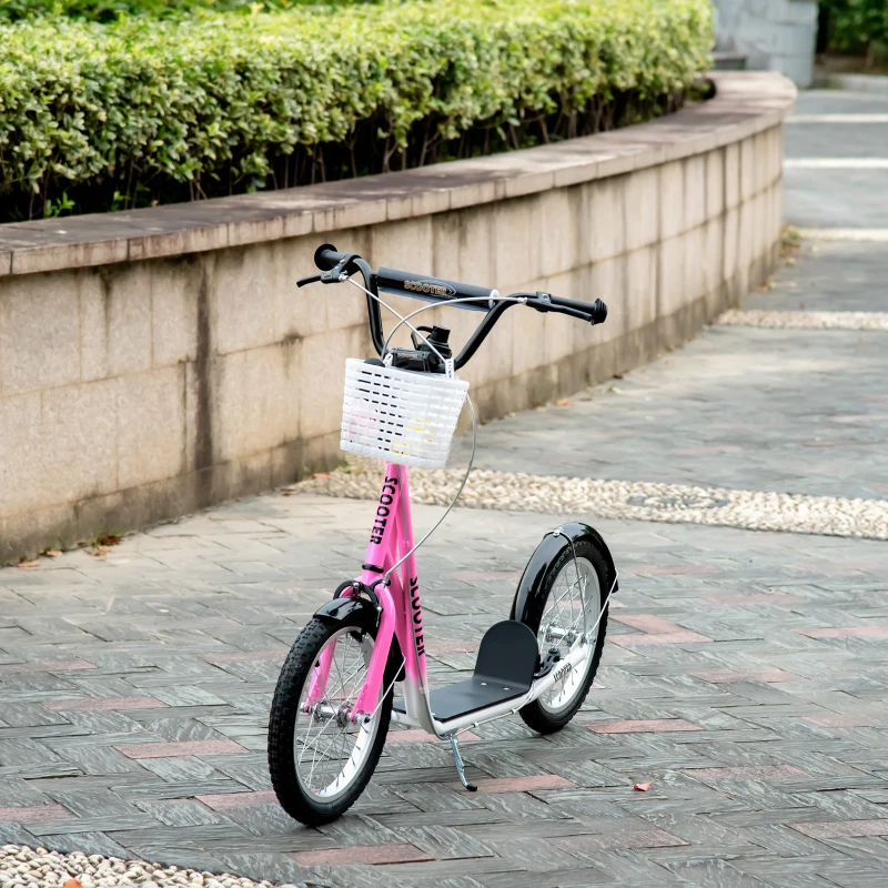 HOMCOM Kinderstep met Rem, Incl. Mand, Hoogteverstelbaar, voor Kinderen van 5 tot 12 Jaar, Wit + Roze(m-8)