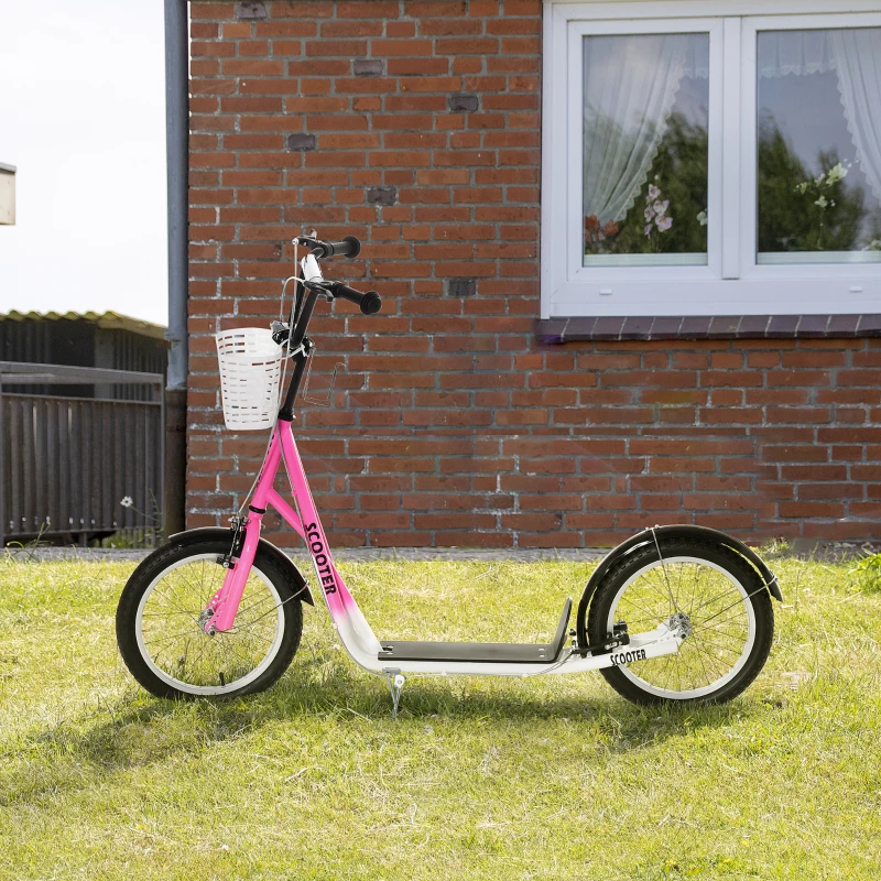 HOMCOM Kinderstep met Rem, Incl. Mand, Hoogteverstelbaar, voor Kinderen van 5 tot 12 Jaar, Wit + Roze(m-10)