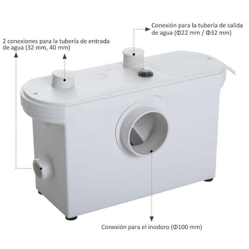 HOMCOM Bomba Trituradora de Agua Residual para Baño Lavabo o Cocina Uso Largo Triturador Sanitario de 700W con 3 Entradas 51x21x31 cm Blanco