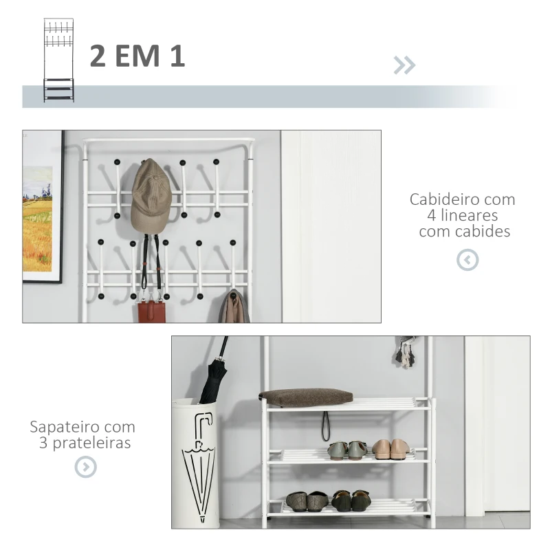 HOMCOM Móvel Cabide de Entrada com 18 Ganchos e Sapateira Armário de Entrada com Cabide com 3 Prateleiras 67x30x185cm Branco