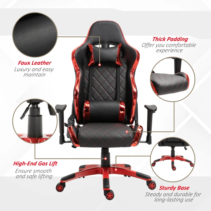 Vinsetto Holographic Stripe Gaming Chair Ergonomic Design PU Leather High Back 360° Swivel w/ 5 Wheels 2 Pillows Back Support Racing Chair Black&Red