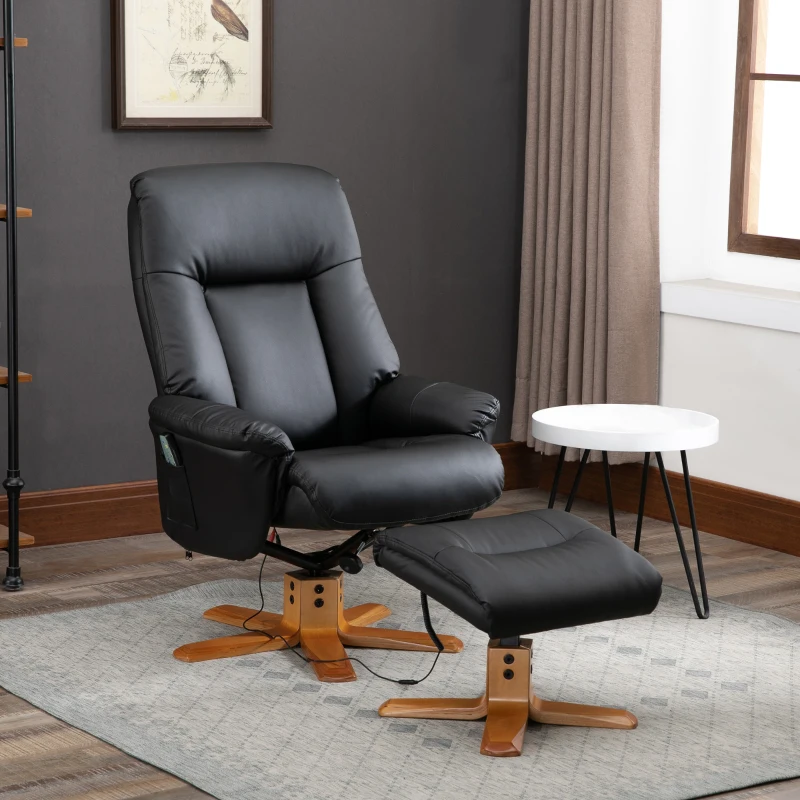 HOMCOM 10-Point Massage Sofa Armchair Chair PU Leather W/ Footrest Stool Heat Recliner Black
