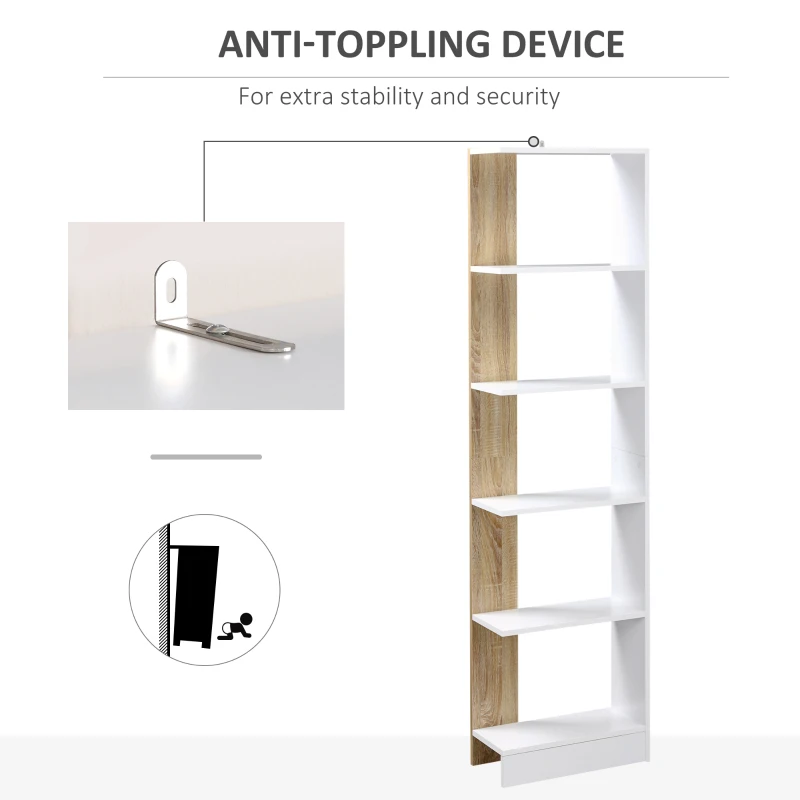 Homcom Raft Perete 5 Rafturi – Stejar & Alb, Design Modern pentru Camera(m-6)
