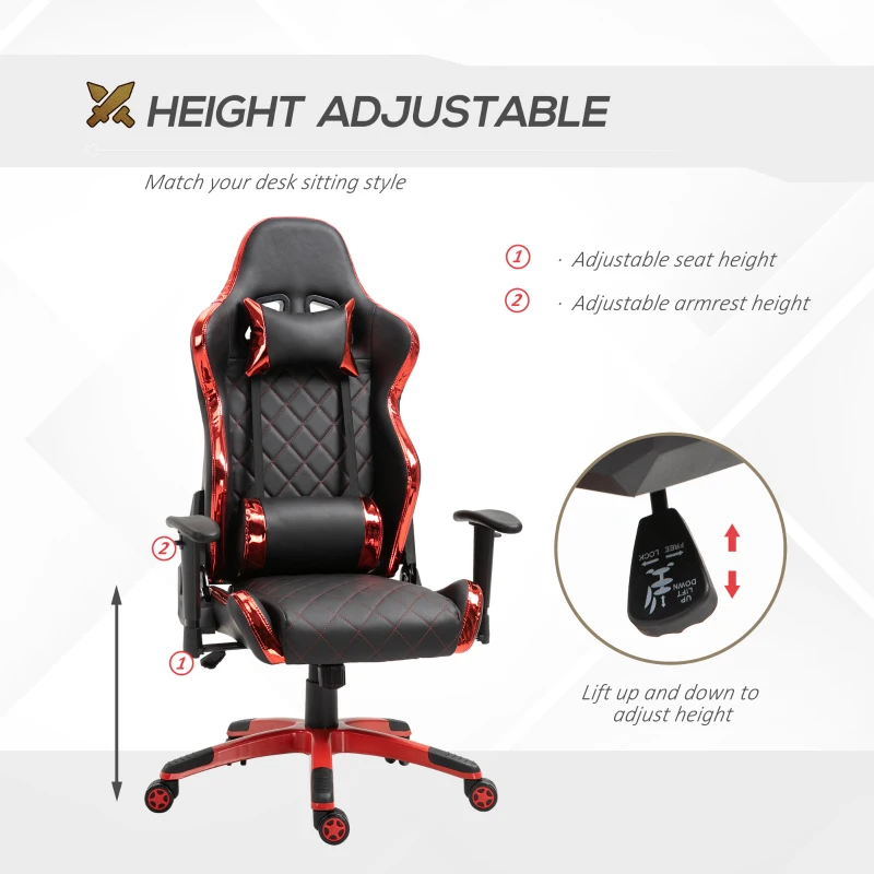 Vinsetto Holographic Stripe Gaming Chair Ergonomic Design PU Leather High Back 360° Swivel w/ 5 Wheels 2 Pillows Back Support Racing Chair Black&Red